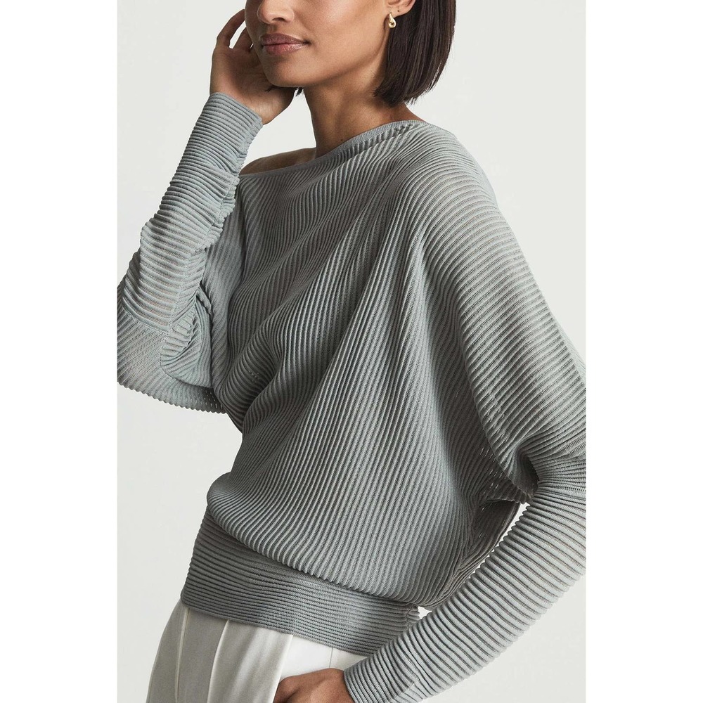 Reiss Angie Sheer Stripe Asymmetric Jumper XS Sage Grey.
